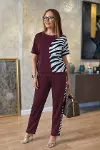 Kadın Kısa Kollu Bisiklet Yaka Zebra Desen Bluz Ve Pantolon Ikili Takım-3