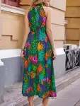 Kadın Omuzlardan Açık Daire Yaka Desenli Maxi Süprem Elbise-3