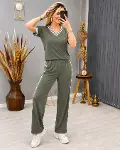 Kadın Kısa Kollu V Yakalı Viskon Iki Iplik Bluz Ve Pantolon Ikili Takım-2