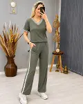Kadın Kısa Kollu V Yakalı Viskon Iki Iplik Bluz Ve Pantolon Ikili Takım-1