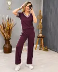Kadın Kısa Kollu V Yakalı Viskon Iki Iplik Bluz Ve Pantolon Ikili Takım-2