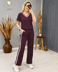 Kadın Kısa Kollu V Yakalı Viskon Iki Iplik Bluz Ve Pantolon Ikili Takım-1