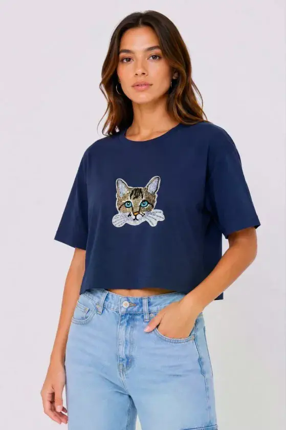 Kedi Baskılı Oversize Crop Tişört Salaş Basic Yarım Kol T-shirt - Lacivert
