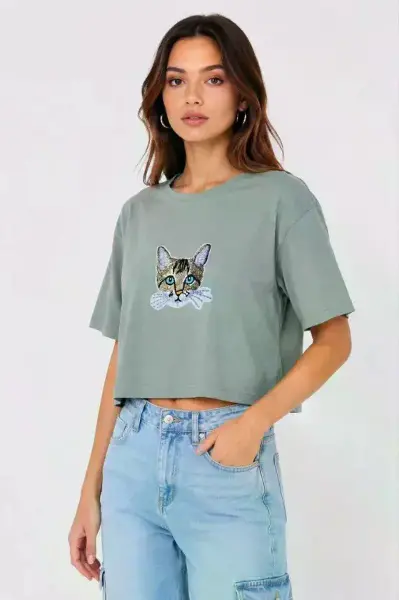 Kedi Baskılı Oversize Crop Tişört Salaş Basic Yarım Kol T-shirt - Mint Yeşili