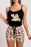 Renkli Ayıcık Desenli Askılı Şortlu Kadın Pijama Takımı-2