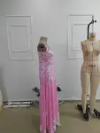 Kadın Askılı V Yakalı Desenli Uzun Süprem Elbise-9