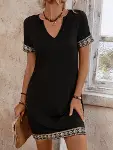 Kadın Kısa Kollu V Yakalı Mini Krep Elbise-2