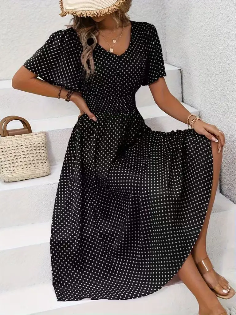 Kadın Kısa Kollu V Yakalı Beli Lastikli Midi Süprem Elbise