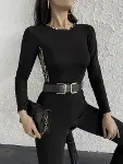 Kadın Uzun Kollu Leopar şeritli Viskon Bluz-7