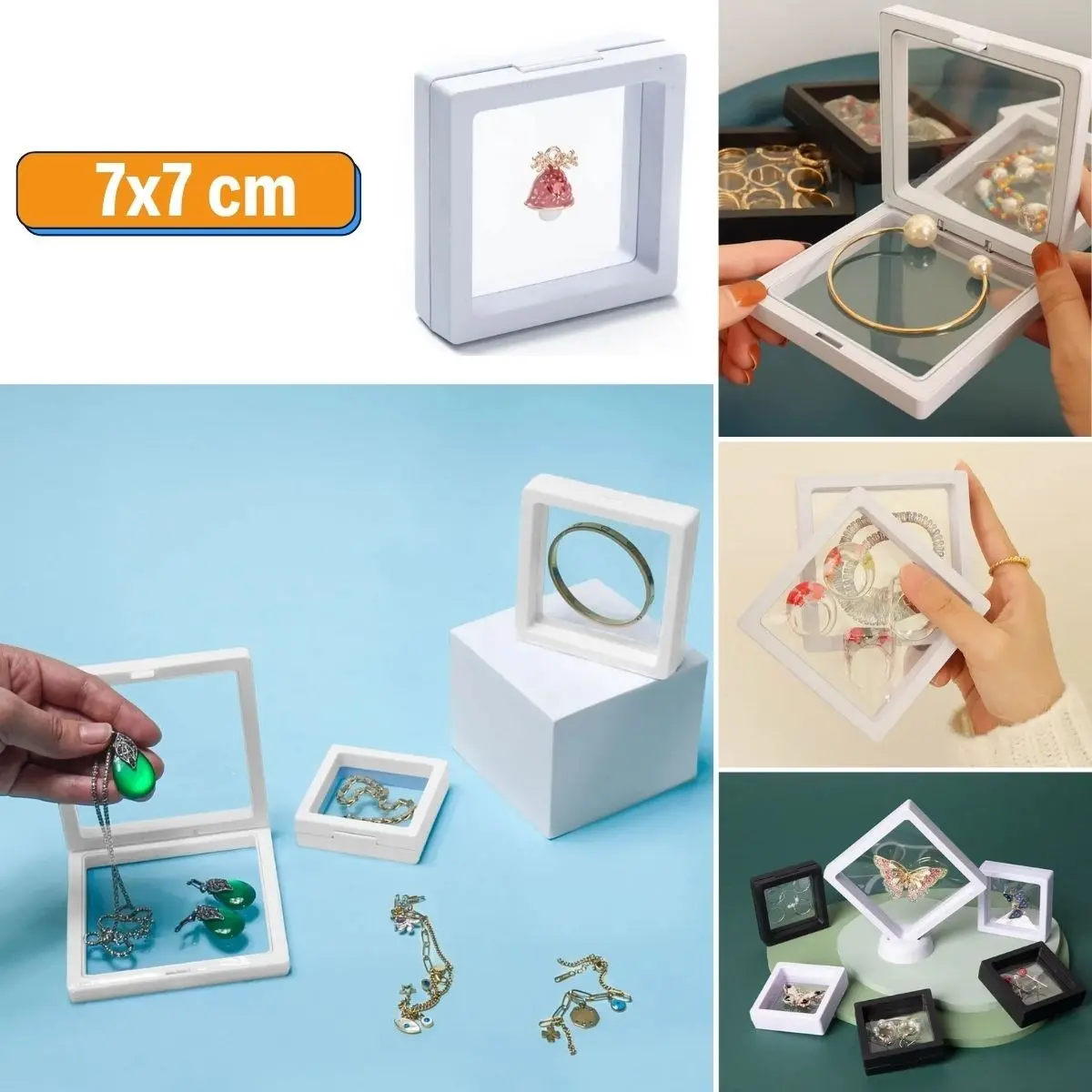 7x7 cm Standlı 3D Takı Ziynet Hatıra Koleksiyon Saklama Kutusu Şeffaf Film Çerçevesi (4745)