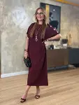 Kadın Kısa Kollu Bisiklet Yaka Omuzdan Düğmeli Uzun Viskon Iki Iplik Elbise-6