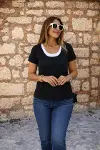 Kadın Kısa Kollu Yuvarlak Yakalı çift Renkli Viskon Bluz-1