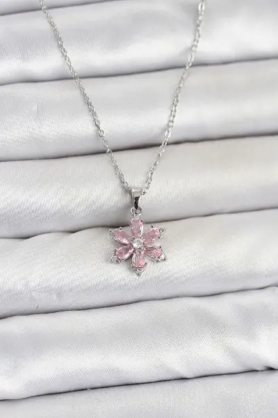 316L Çelik Zincir Gümüş Renk Pembe Zirkon Taşlı Lotus Model Kadın Kolye TJ-BKO11064
