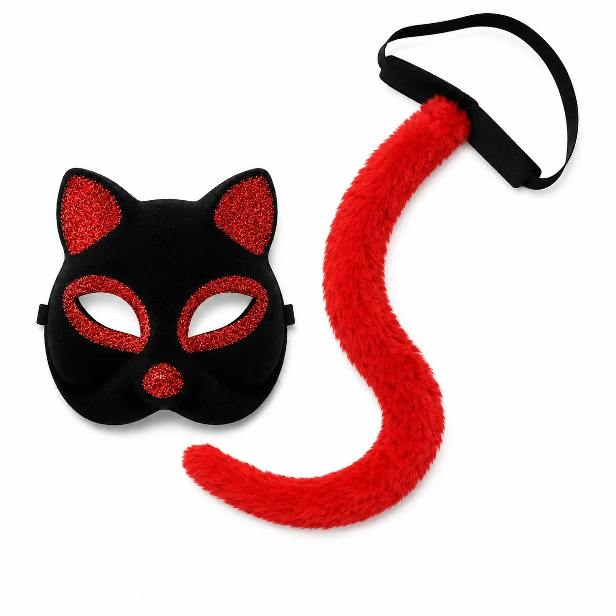 Kırmızı Kedi Maske ve Kuyruk Seti Parti Kostüm Aksesuarı