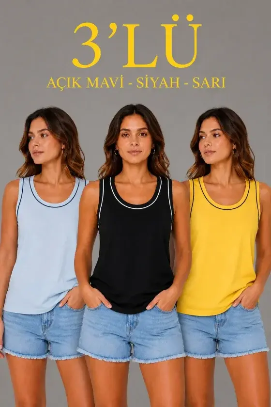 3’lü Kolsuz Sporcu Atlet Seti Yazlık Bisiklet Yakalı - Sarı, Siyah, Bebe Mavisi-1 3’lü Kolsuz Sporcu Atlet Seti Yazlık Bisiklet Yakalı - Sarı, Siyah, Bebe Mavisi-1