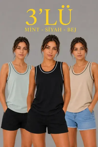 3’lü Kolsuz Sporcu Atlet Seti Yazlık Bisiklet Yakalı - Mint Yeşili, Siyah, Bej