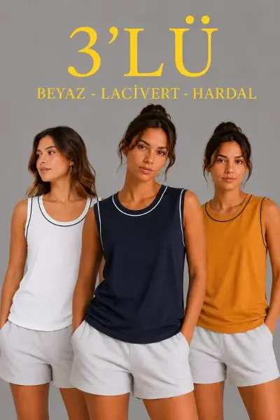 3’lü Kolsuz Sporcu Atlet Seti Yazlık Bisiklet Yakalı - Beyaz, Lacivert, Hardal
