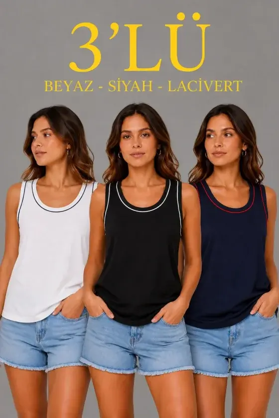 3’lü Kolsuz Sporcu Atlet Seti Yazlık Bisiklet Yakalı - Siyah, Lacivert, Beyaz
