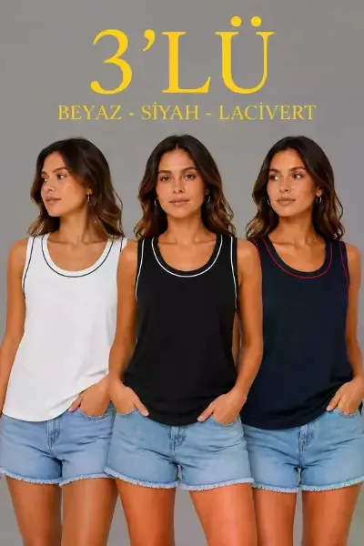 3’lü Kolsuz Sporcu Atlet Seti Yazlık Bisiklet Yakalı - Siyah, Lacivert, Beyaz