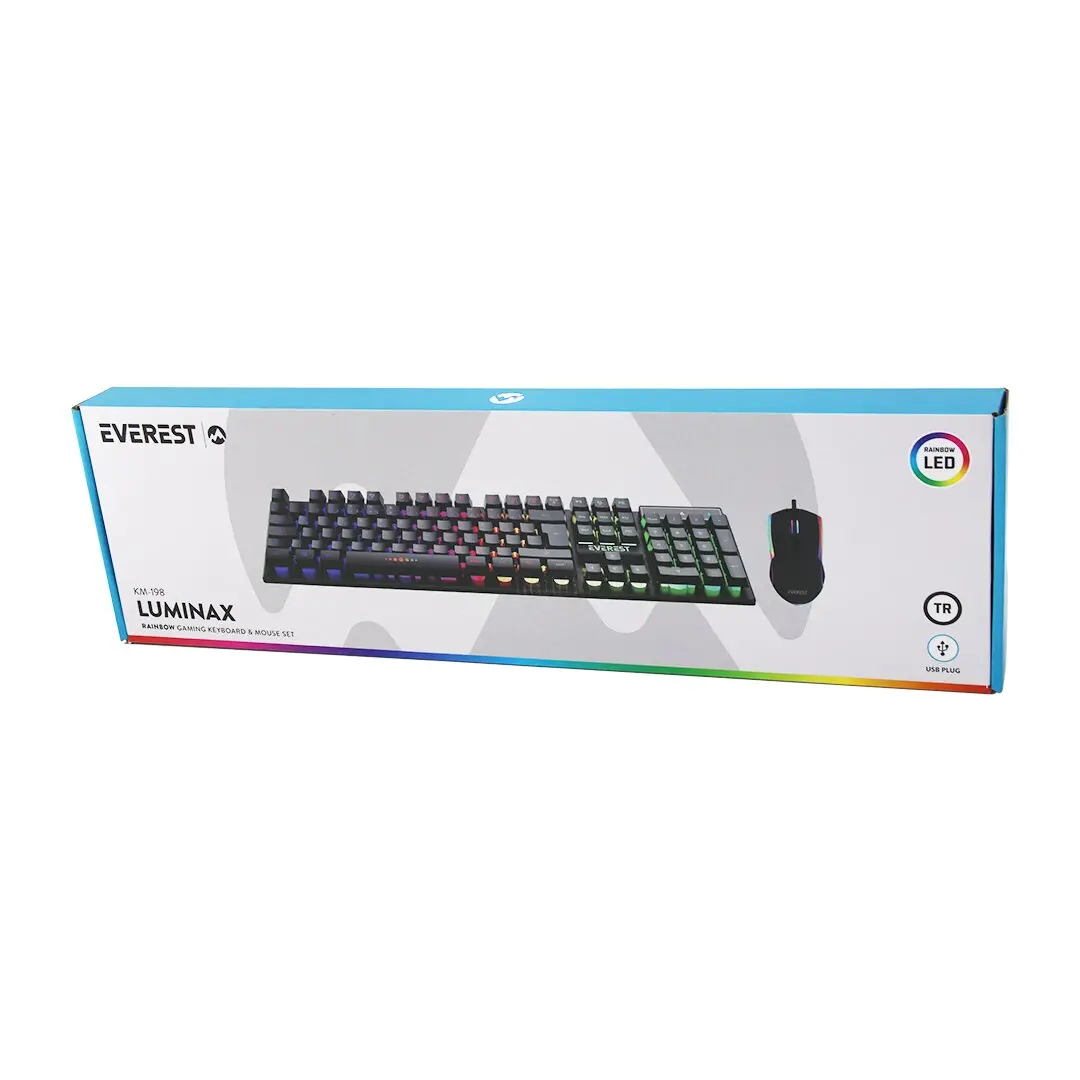 SİYAH GÖKKUŞAĞI IŞIKLI USB KABLOLU OYUNCU KLAVYE - MOUSE SET (4745)