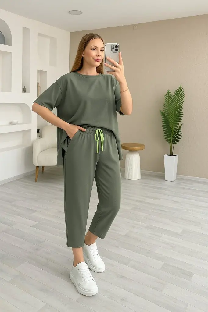 Kadın Kısa Kollu Bisiklet Yaka Viskon Iki Iplik Bluz Ve Pantolon Ikili Takım