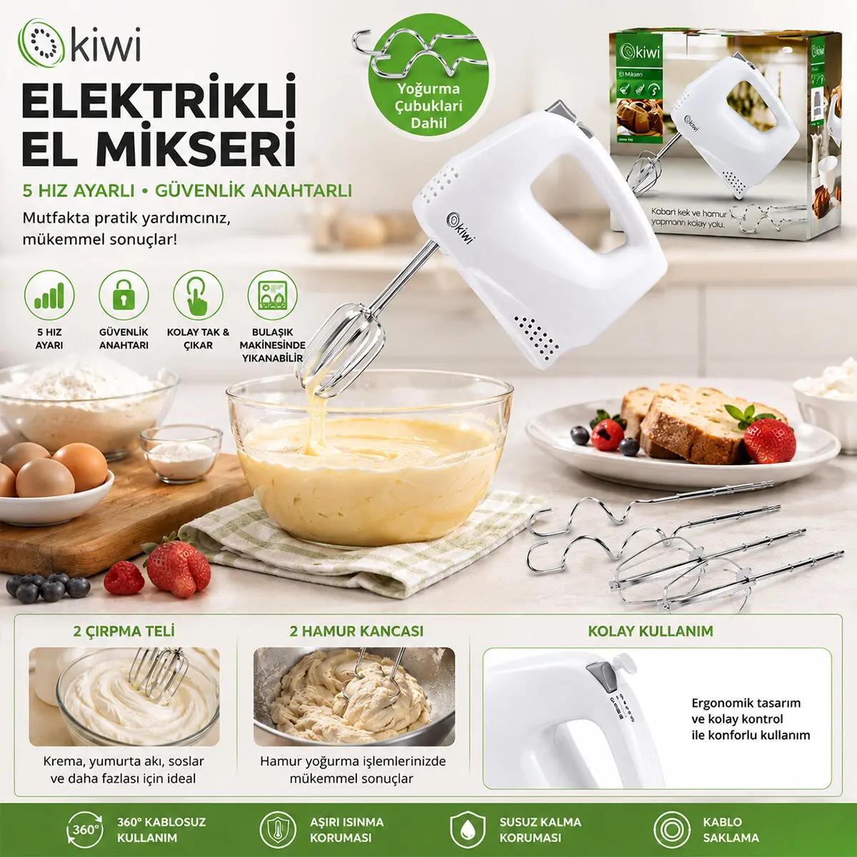 KİWİ KMX-3608 ELEKTRİKLİ EL MİKSERİ 2PCS METAL ÇIRPMA APARATI - 2PCS HAMUR KANCASI 5 KADEME HIZ ÇIRPICI ÇIKARTMA DÜĞMELİ (4745)-2
