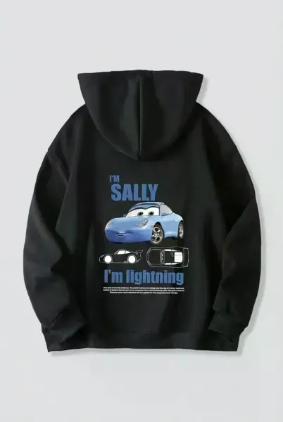 Sevgililer Günü Araba Temalı Baskılı Oversize Kapüşonlu Sweatshirt Hoodie - Siyah