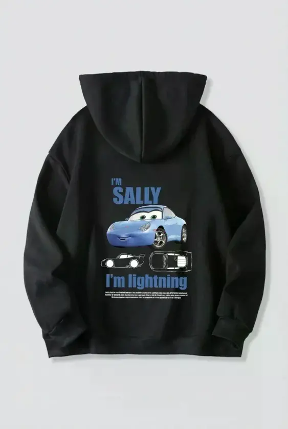 Sevgililer Günü Araba Temalı Baskılı Oversize Kapüşonlu Sweatshirt Hoodie - Siyah