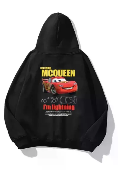 Sevgililer Günü Araba Baskılı Oversize Kapüşonlu Sweatshirt Hoodie - Siyah