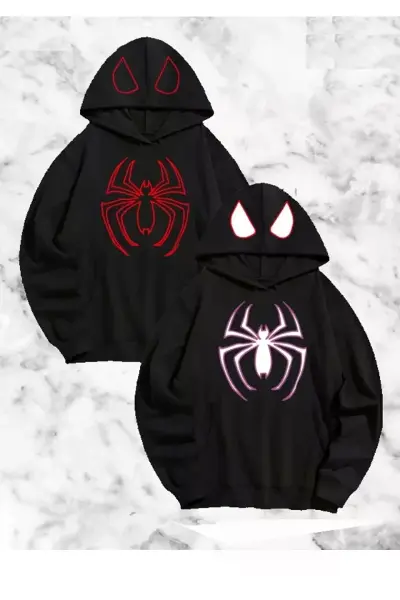 Sevgili Çift Kombini Örümcek Baskılı Kapüşonlu Sweatshirt Hoodie - Siyah