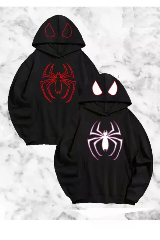 Sevgili Çift Kombini Örümcek Baskılı Kapüşonlu Sweatshirt Hoodie - Siyah