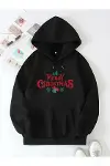 Yılbaşı Merry Christmas Baskılı Oversize Kapüşonlu Sweatshirt Hoodie - Siyah-1
