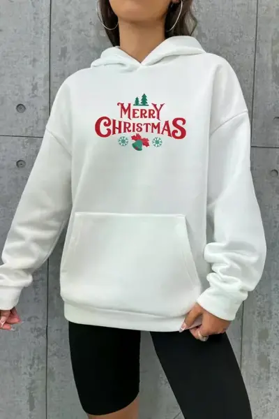 Yılbaşı Merry Christmas Baskılı Oversize Kapüşonlu Sweatshirt Hoodie - Beyaz