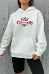 Yılbaşı Merry Christmas Baskılı Oversize Kapüşonlu Sweatshirt Hoodie - Beyaz-1