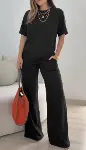 Kadın Kısa Kollu Bisiklet Yaka Viskon Iki Iplik Bluz Ve Pantolon Ikili Takım-1