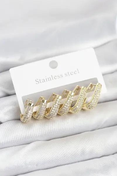 316L Çelik Gold Renk Zirkon Taşlı Damla Halka Küpe Seti - TJ-BKP11524
