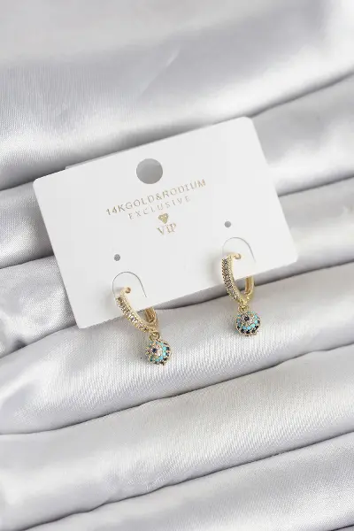 Minimal Nazarlı Model Gold Renk Zirkon Taşlı Kadın Küpe - TJ-BKP11642