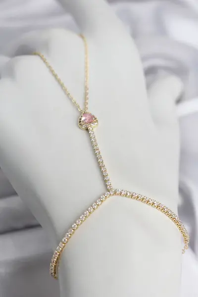 Gold Renk Pirinç Zirkon Taşlı Pembe Kalp Model Şahmeran TJ-SN771