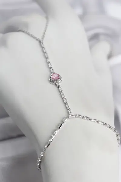 Gümüş Renk Pirinç Zirkon Taşlı Pembe Kalp Model Şahmeran TJ-SN772