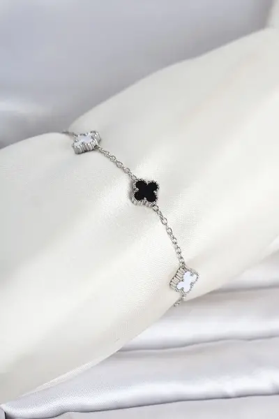 316L Çelik Gümüş Renk Siyah Beyaz Baby Yonca Model Kadın Bileklik TJ-BB8556