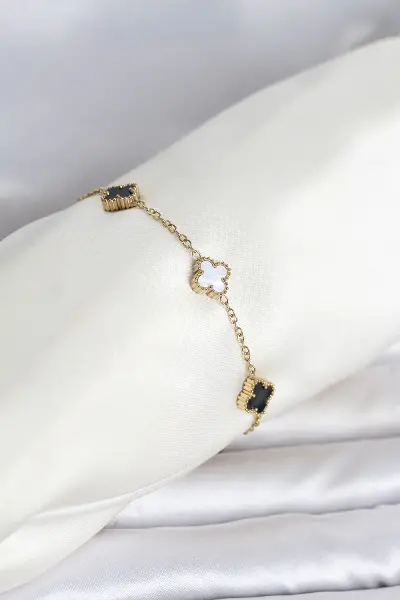 316L Çelik Gold Renk Siyah Beyaz Baby Yonca Model Kadın Bileklik TJ-BB8557