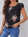 Kadın Kısa Kollu Bisiklet Yaka çiçek Baskılı Süprem Bluz-4