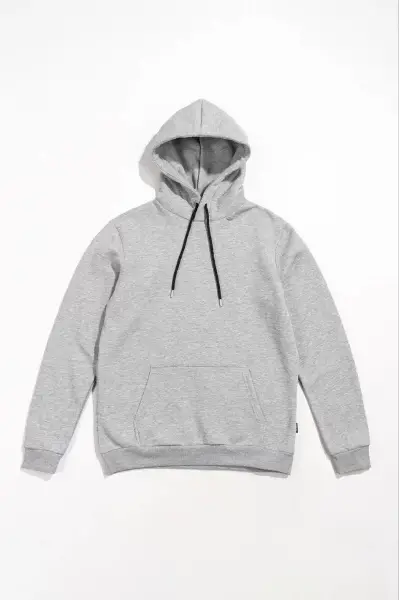 Erkek Uzun Kol Kapşonlu Basic Sweatshirt Hoodie - Gri