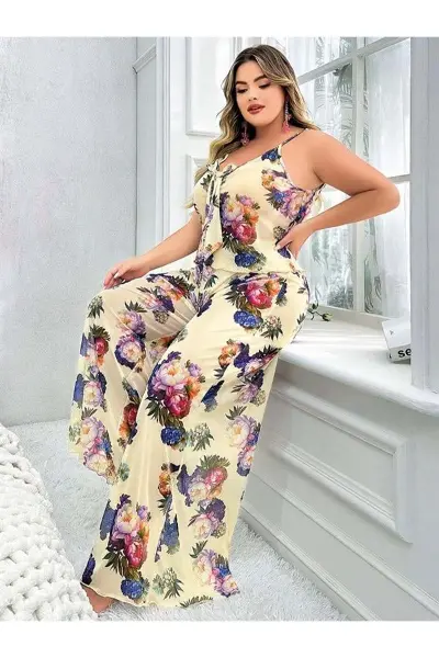 Özel Tasarım Büyük Beden Çiçek Desenli İnce Askılı 2’li Pijama Takımı