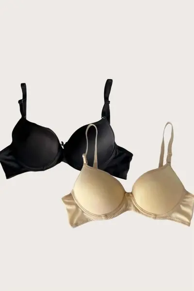 Siyah-Ten 2’li Mikro Kumaş Push Up Dolgulu Balenli Günlük Destekli Sütyen