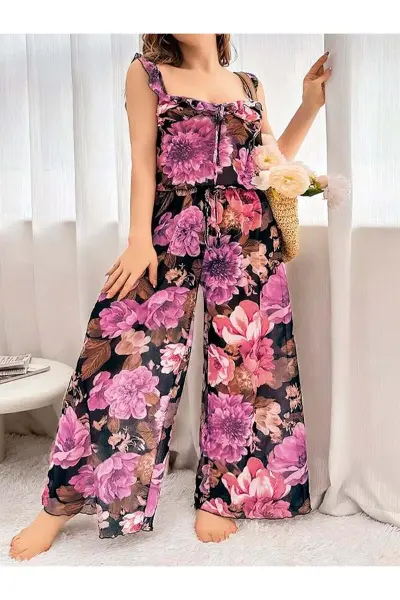 Özel Tasarım Büyük Beden Çiçek Desenli Bol Kesim 2’li Pijama Takımı