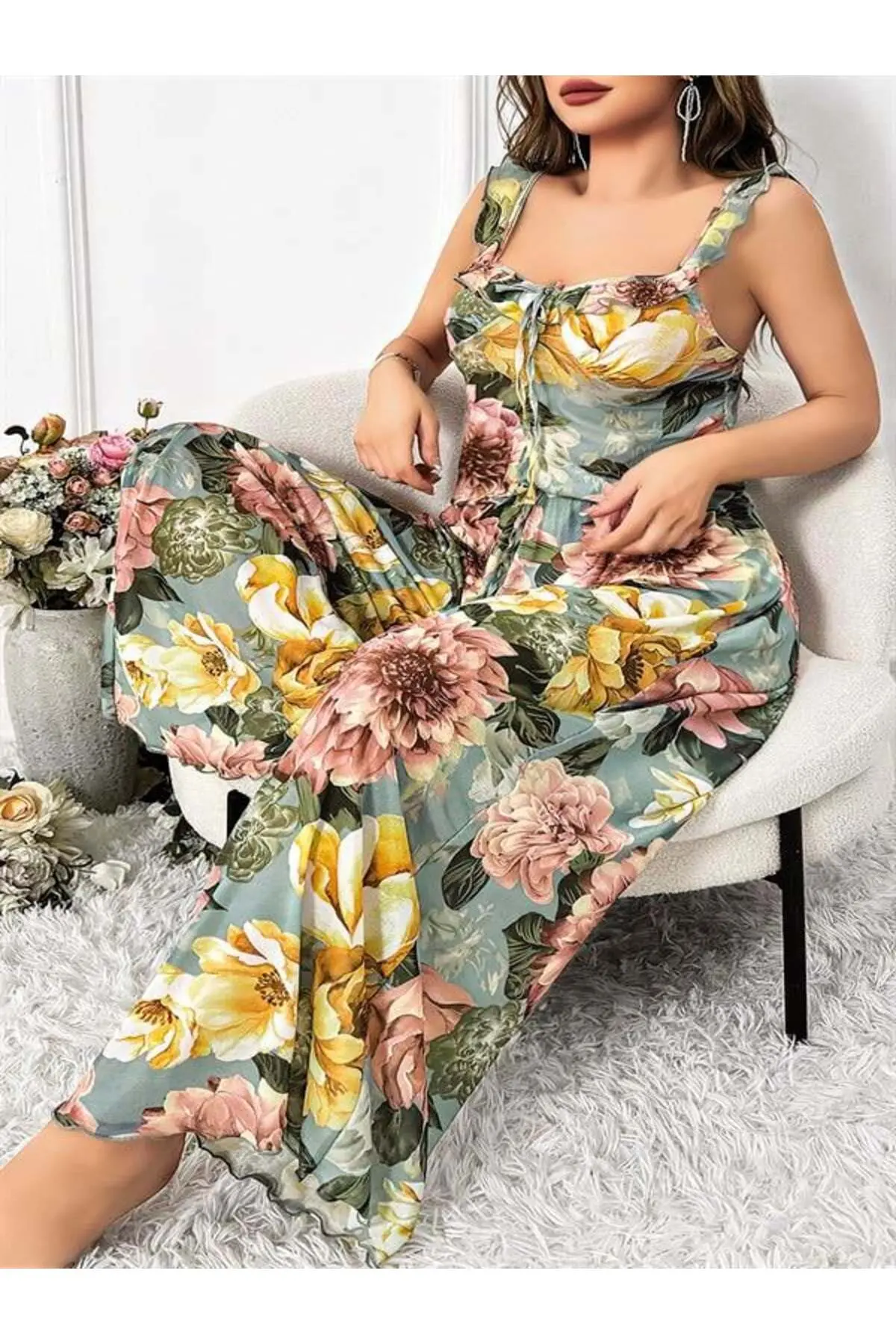 Özel Tasarım Büyük Beden Çiçek Desenli 2’li Pijama Takımı
