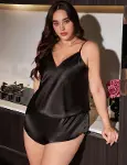 Büyük Beden Siyah Saten Şortlu Takım-1