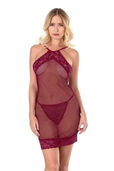 Bordo Kısa File-Tül Gecelik 8132