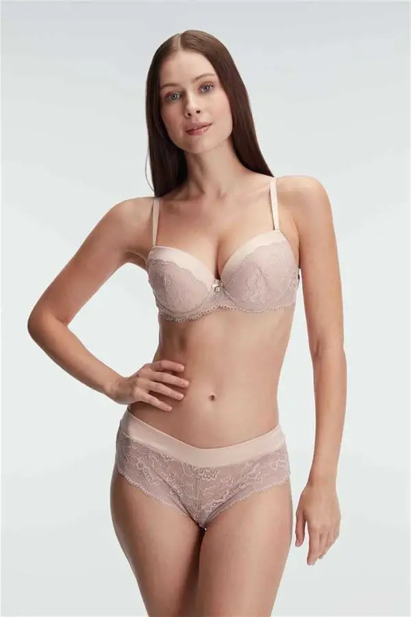 Destekli Balenli Kaplı Dantel Detaylı Sütyen Slip İç Çamaşırı Takımı